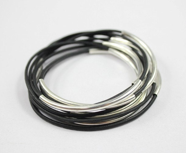 Matte Black Leather Bangle Bracelet/Silver Plated Tubes Bangles/Matte Leather Magnetic Bracelet Z558