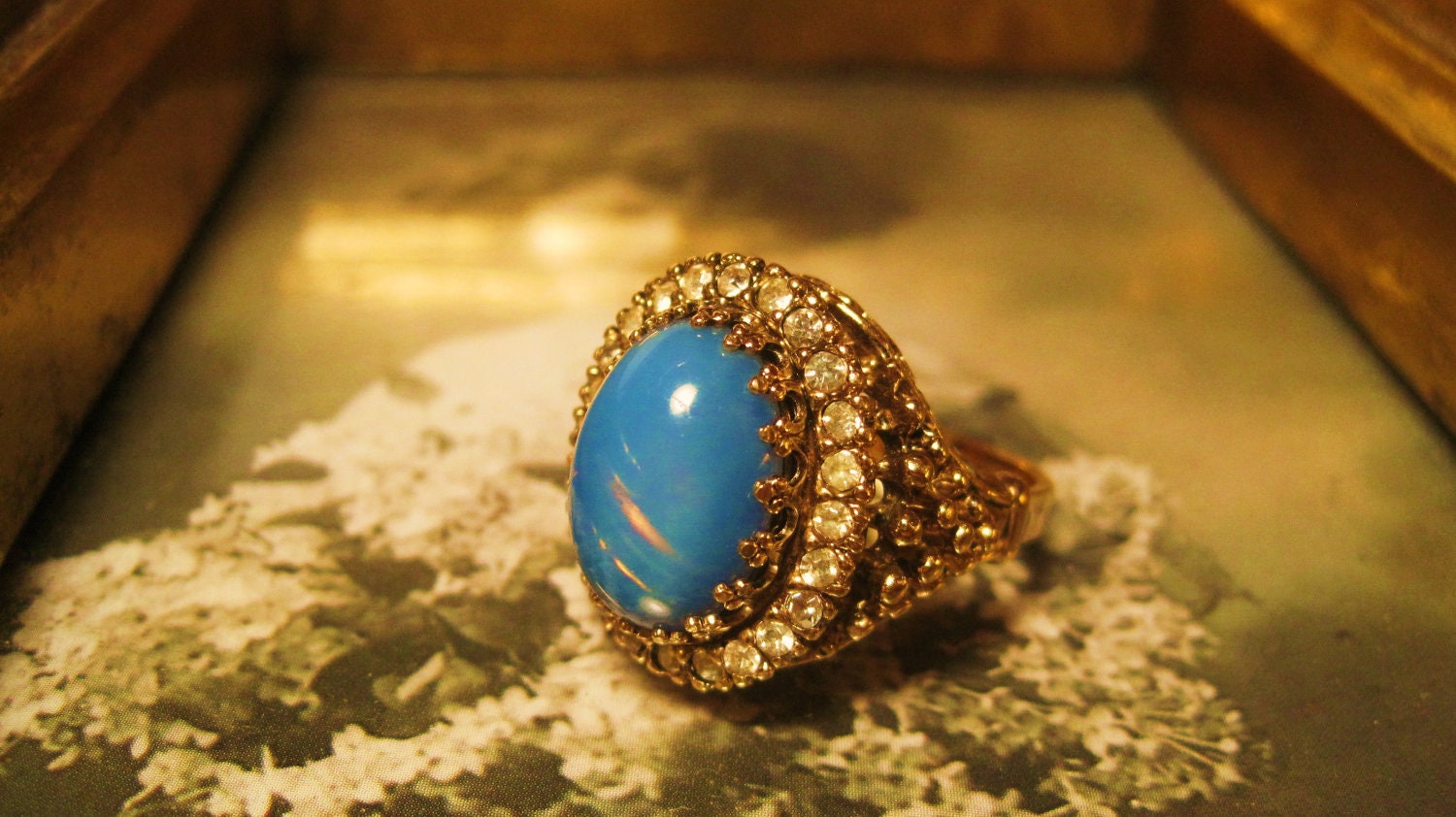 20% Off (cupon codeAPRILSHOWERS3) Sheer Regal Vintage Ring Soft Blue Opalene Glass Crown Prongs 18kt HGE Rhinestoned Detailed Setting