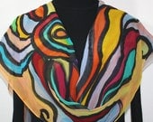 Hand Painted Silk Scarf Galactic Joy. Shawl in Orange,Yellow, Teal, Pink. LUXURIOUS LARGE 21x90. Made in Colorado. 100% silk. Made to ORDER