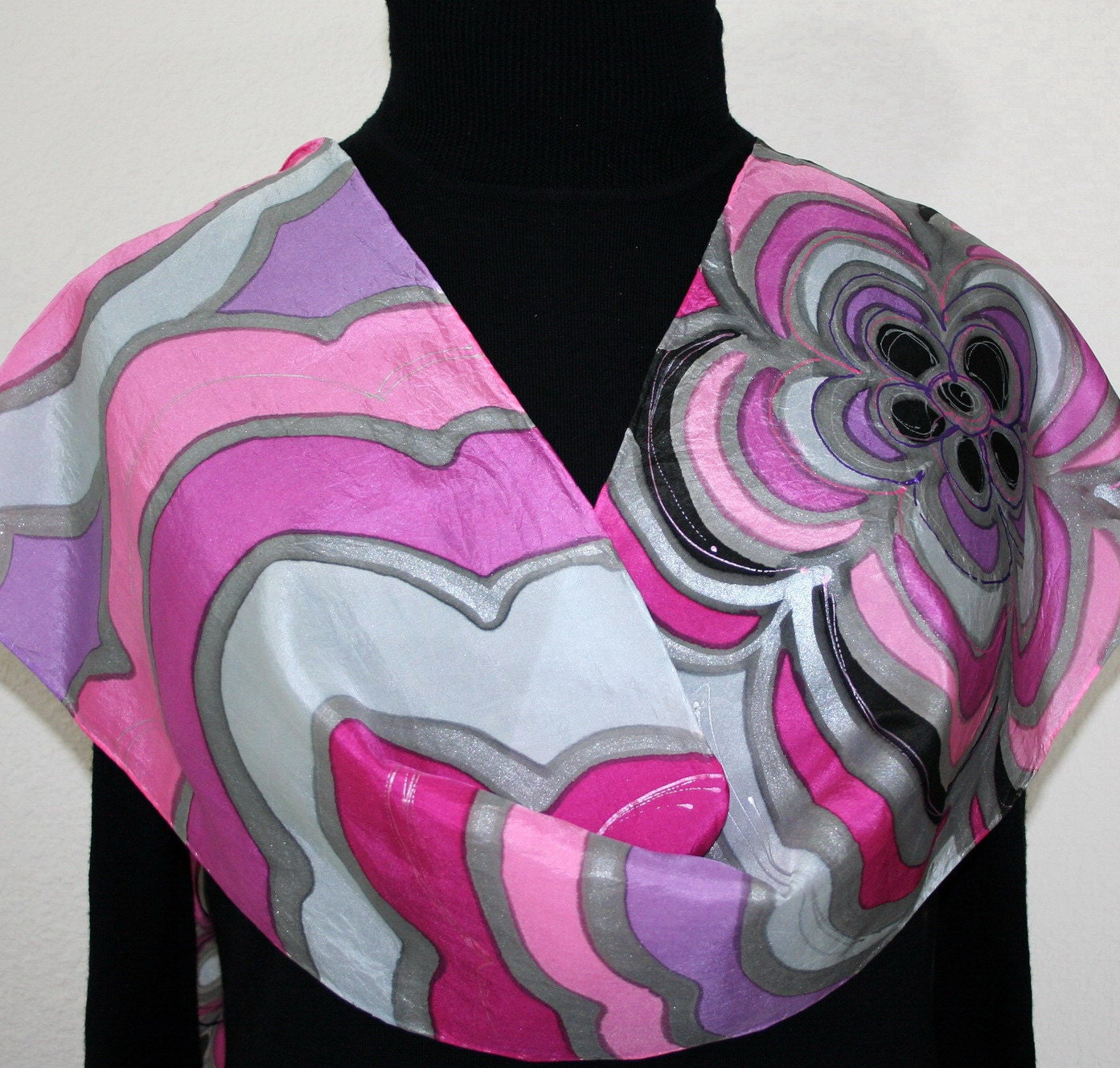 Silk Scarf Hand Painted Happy Flowers. Silk Scarf in Pink, Lavender and Silver Grey. Size 11x60. Made in Colorado. 100% silk. Made to order