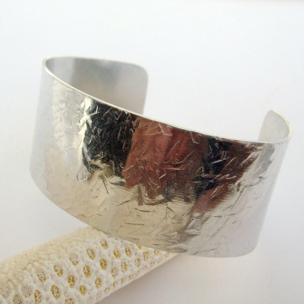 Silver Hammered Cuff Bracelet, Stainless Steel, Lightweight