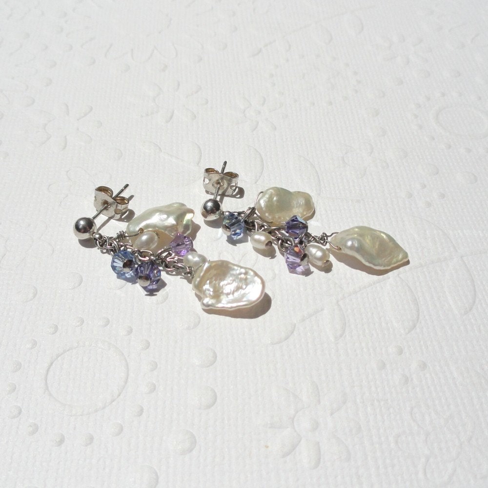 Keshi Pearl Earrings Pearl Dangle Earrings with Purple and Blue Swarovski Crystal