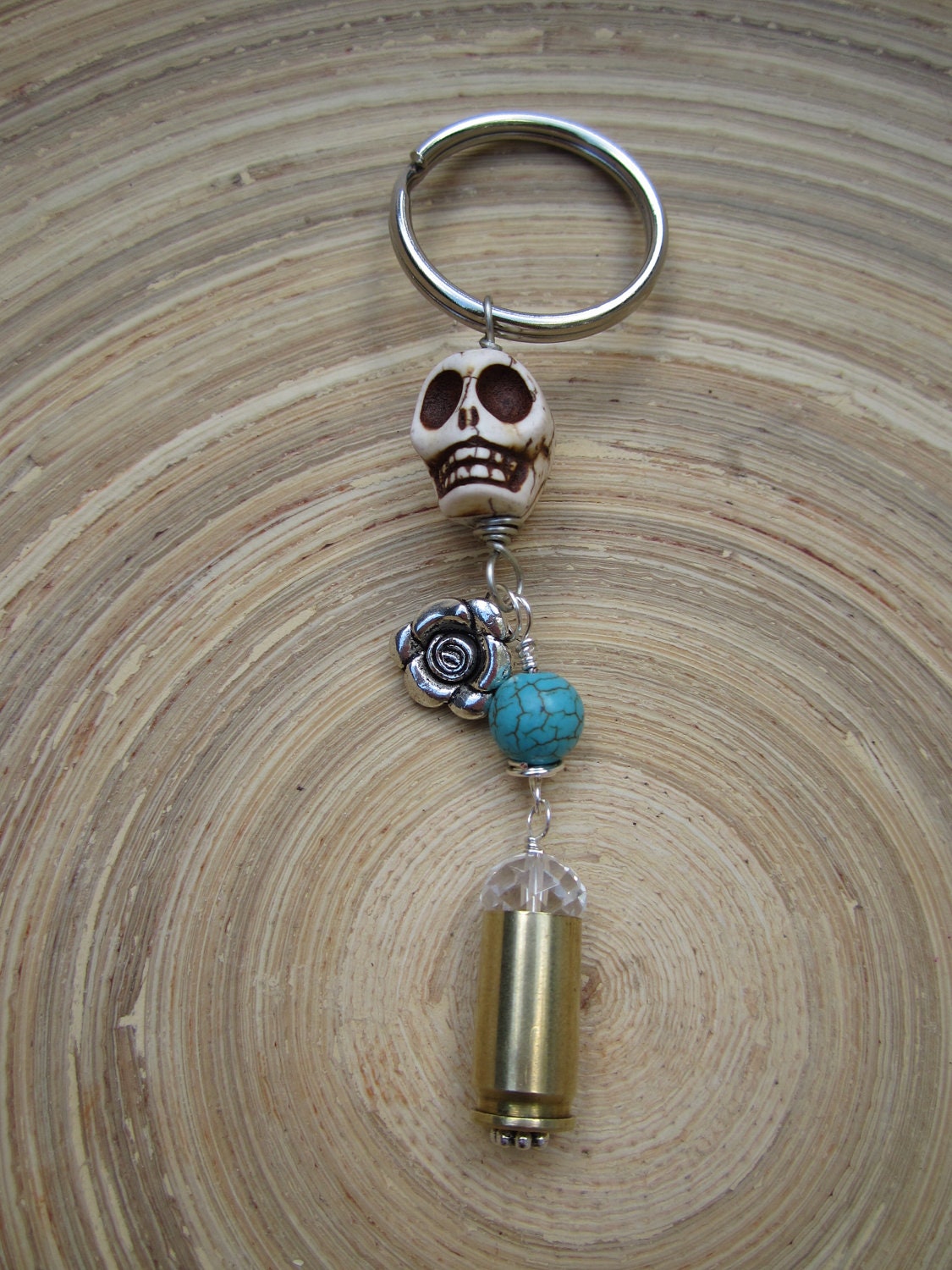 Skull and shell casing keychain, purse charm, Dia de los Muertos key chain