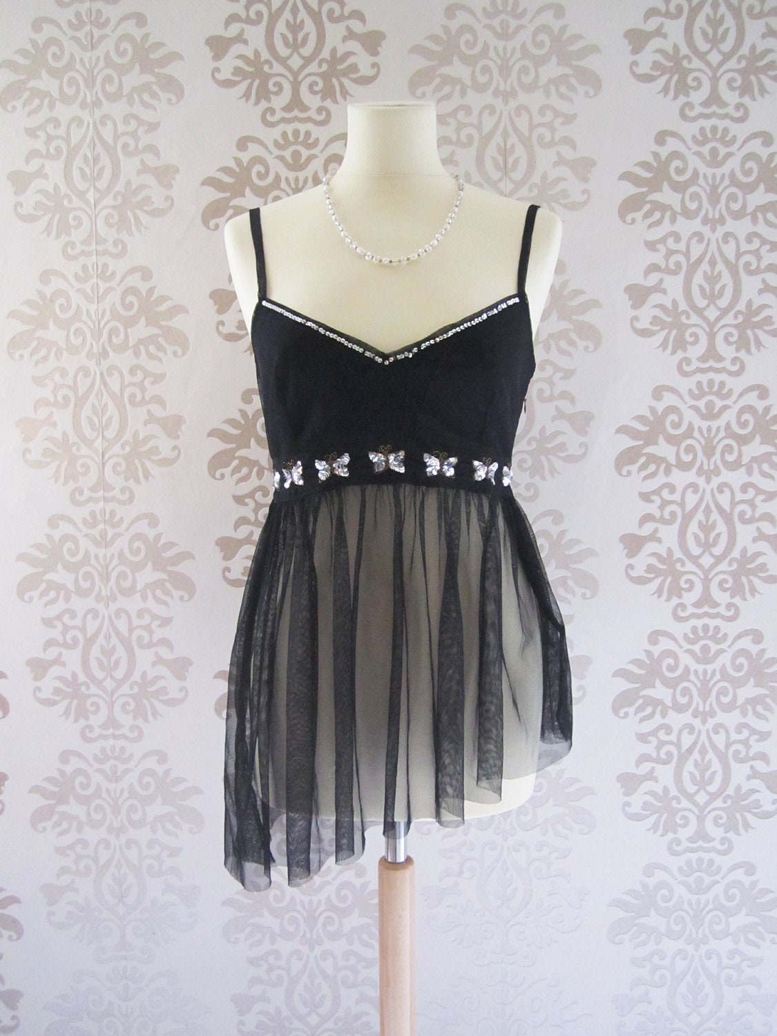 Party Dress Vintage Blouse Top Holiday Fashion Clothing Women : French MAGGY Black Tulle Silver Seqiun Butterfly Vintage Top Dress Size S/M