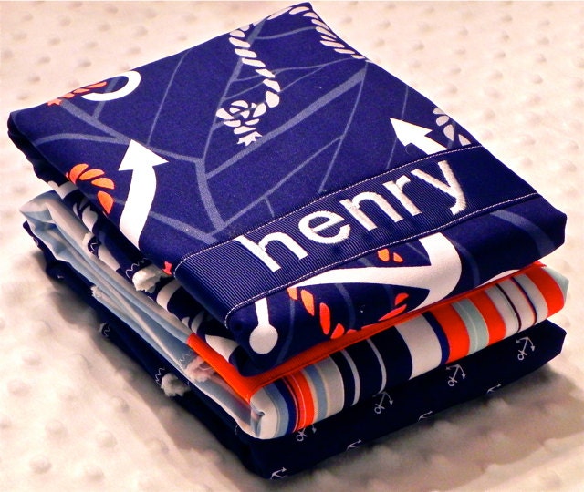 Personalized Burp Cloths - Baby Boy Navy Blue and Orange Stripes and Anchors