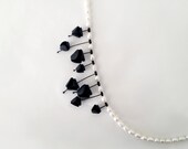 geometrical glam minimalistic flower necklace with black polymer and fresh water pearls, nO 203 ''black lillies between fresh-water pearls''