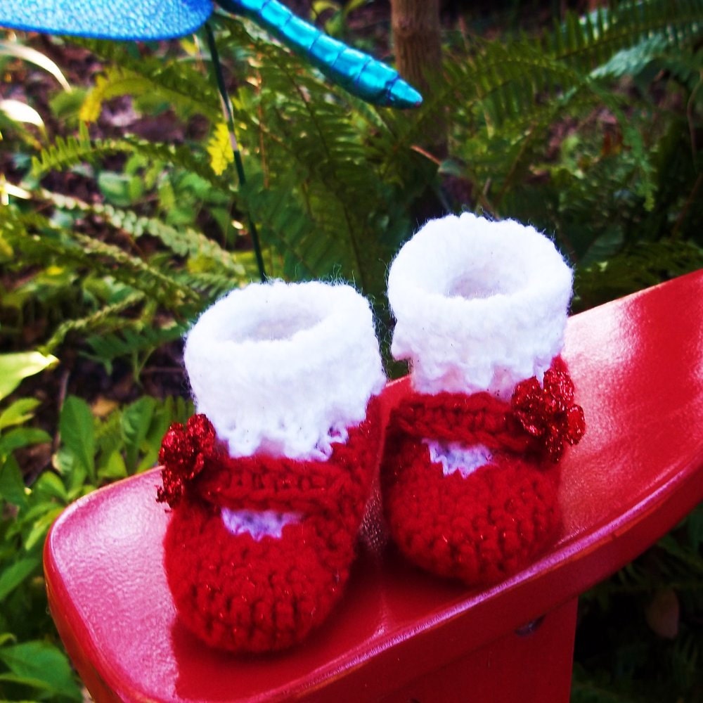red crochet Mary Jane baby shoes newborn to approximately 3 months