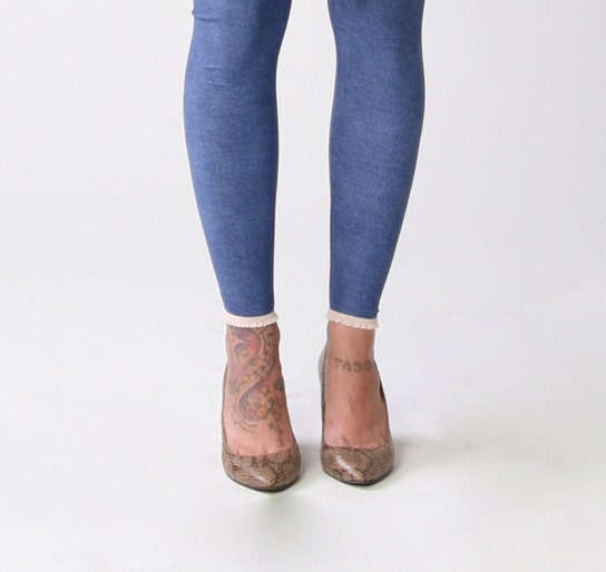 ruffled blue denim print Leggings, Women Leggings, High waist leggings