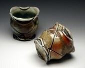 Yunomi, set of two porcelain tea bowls, oribe glazed, woodfired
