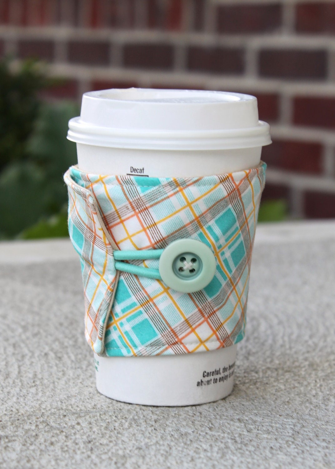 Coffee or Beverage Cup Sleeve - Reusable Cup Cozy - Turquoise, Orange and Tan Plaid - Mama's Feedsack by Darlene Zimmerman