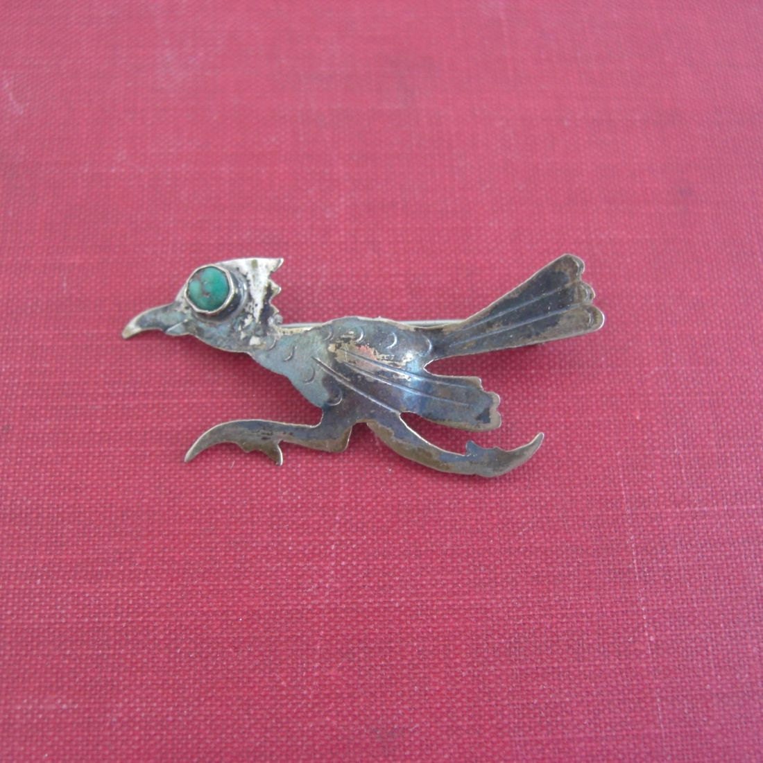 Southwestern ROADRUNNER Sterling Silver & Turquoise Pin / Brooch