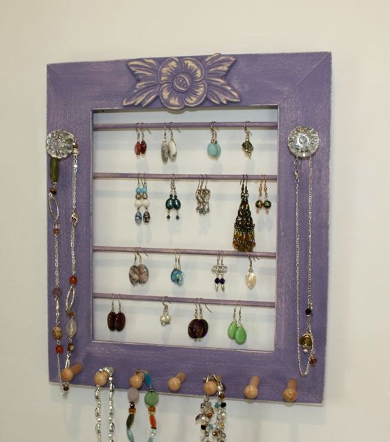 Jewelry Holder Earring Display Organizer for Earrings, Bracelets Necklaces Repurposed Wood Frame.
