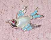 Pearl Belly and Turquoise Rhinestone Bird Brooch with Red Eye -- 0624