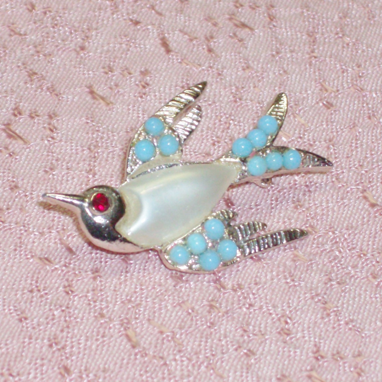 Pearl Belly and Turquoise Rhinestone Bird Brooch with Red Eye -- 0624