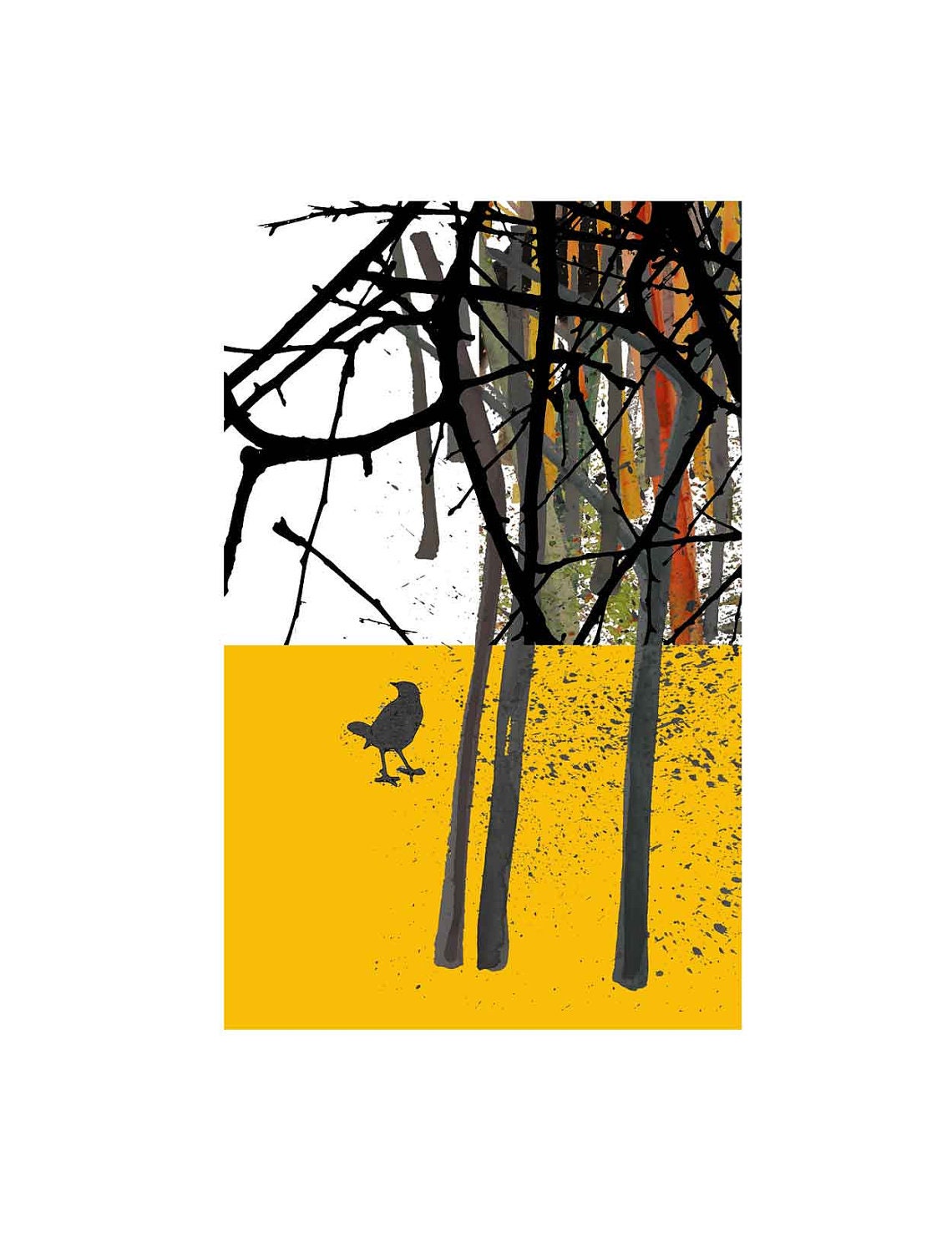 Art print digital mixed media Bird in the wood home office decor  woodland trees black white yellow blackbird autumn fall