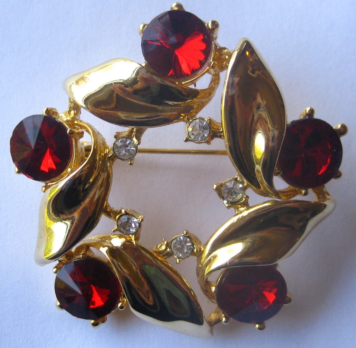 Vintage Large Red and Clear Rhinestone Gold Tone Brooch Valentine's Day