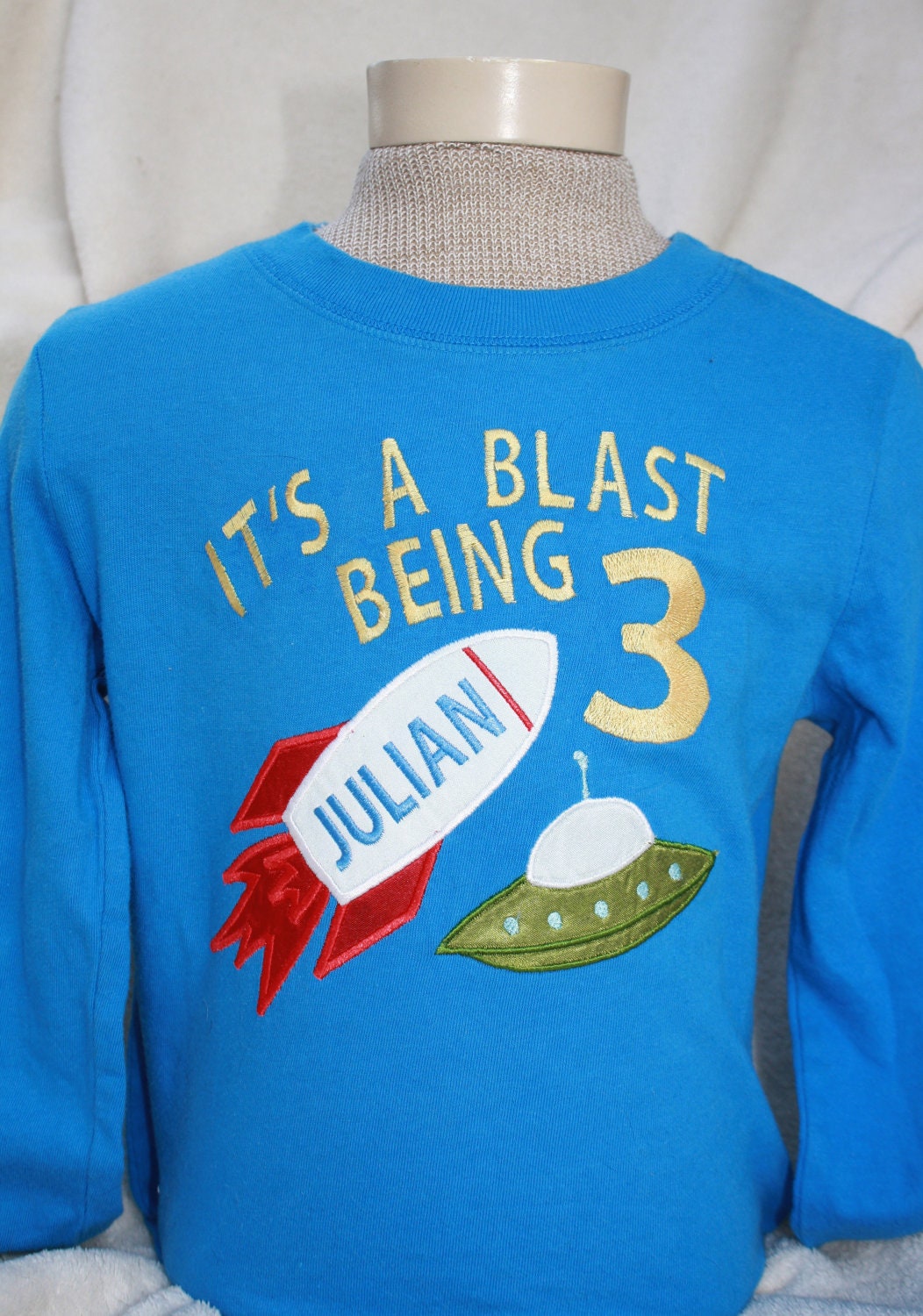 Rocket Space Ship Retro Cosmonaut Age Birthday Appliqued Personalized T-Shirt Astronaut