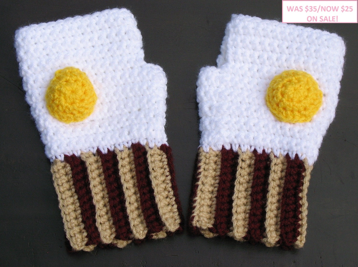 ON SALE - Bacon 'n Eggs Fingerless Mitts / Wristwarmers, Great for Gifts, Unique, Conversation Starter