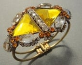 Vintage Rhinestone Bracelet Clamper style in Topaz Amber Yellow and Clear rhinestones in gold tone setting Czech glass
