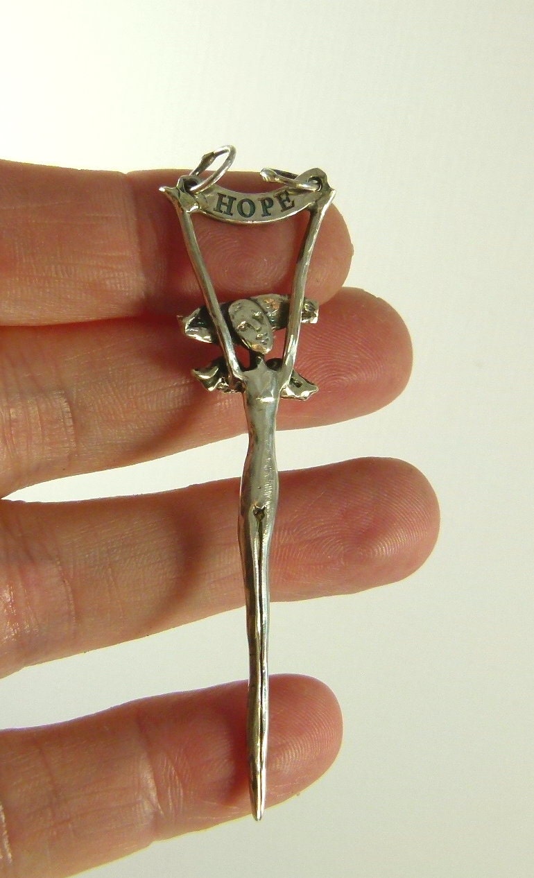 Angel Hadyn Holds On To Hope - Up Cycled Sterling Silverware, And PMC - Art Jewelry Pendant - 882