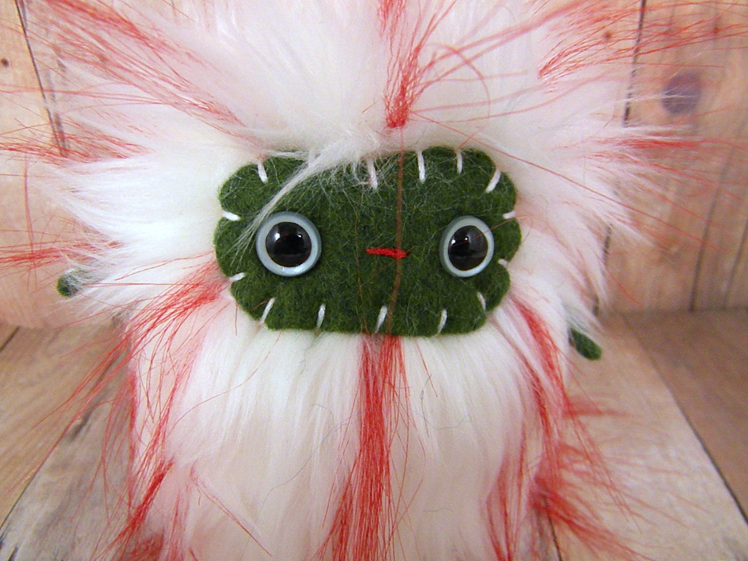 SALE Joy the plush monster miniature red white stripe green stuffed animal Little Uggle