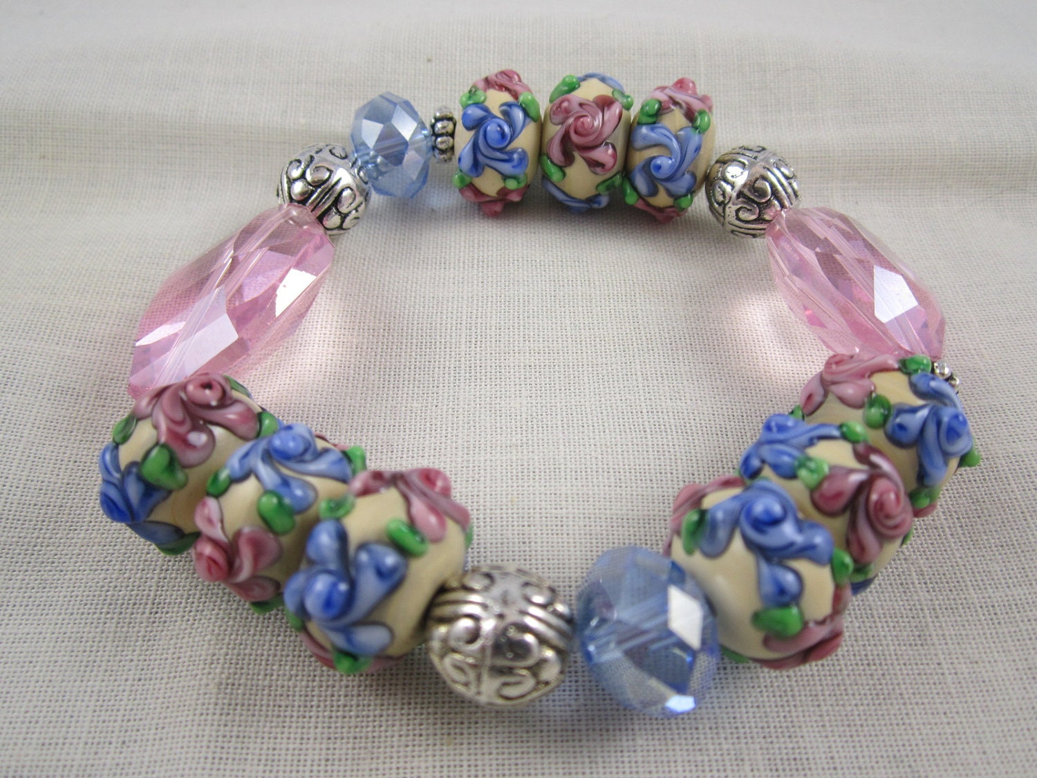 Lampwork Bracelet Pink Blue Flowers Crystal Stretch