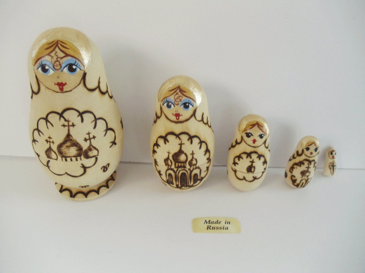 Vintage RUSSIAN NESTING DOLL Set - Matryoshka Wood Burning Technique - Made in Russia - Collectible
