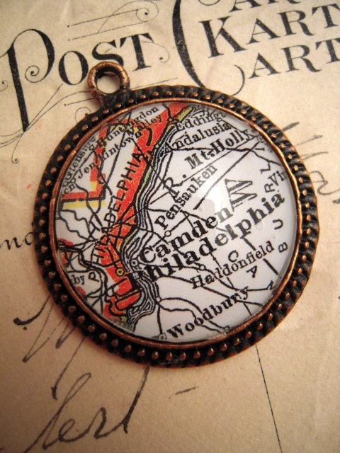 Vintage Philadelphia PA Map Pendant Glass & Copper