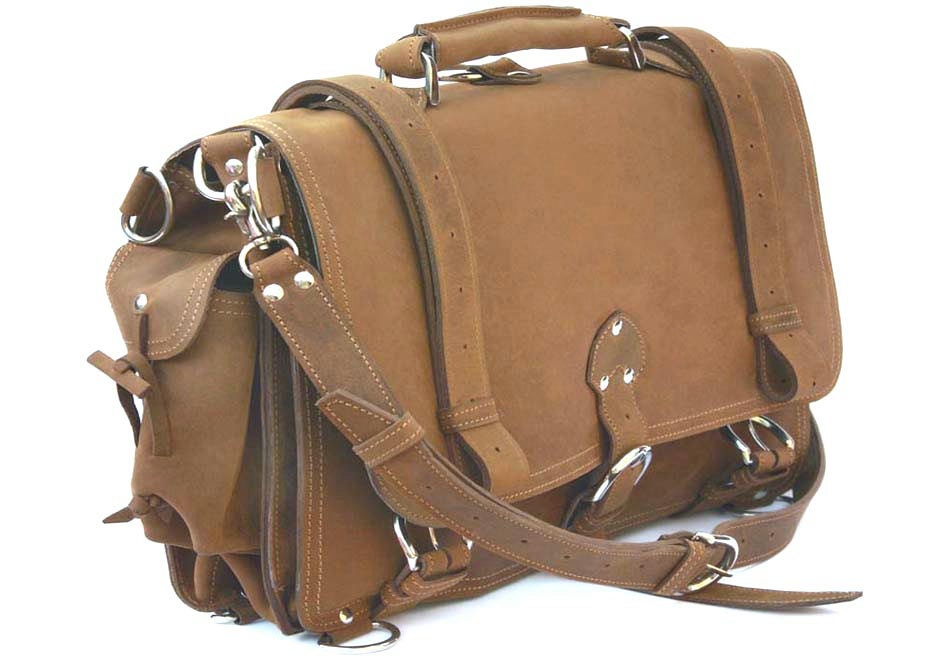 Messenger Bag Leather Briefcase , X-LARGE 18" - Buckskin Tan Distressed, Rugged