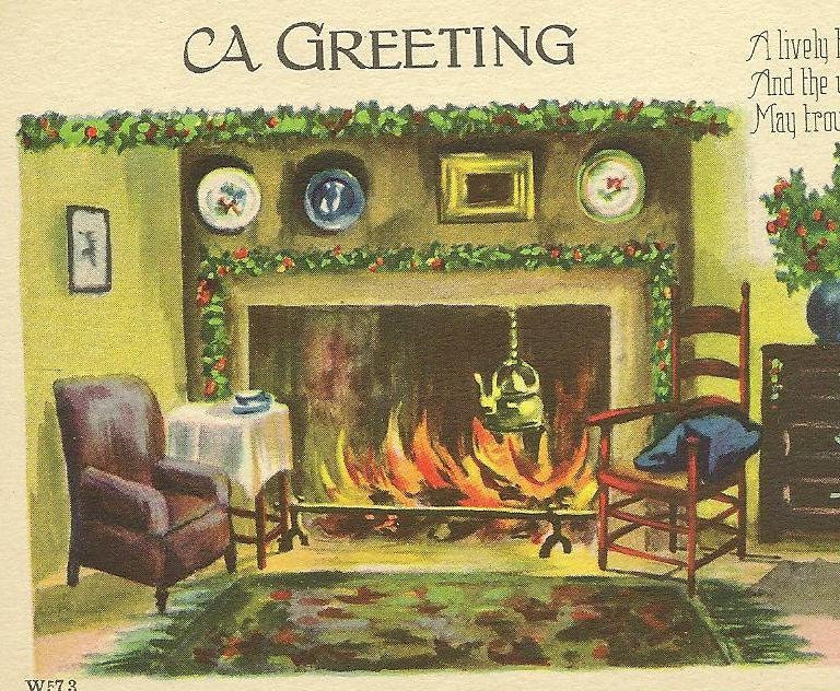 Fire in the Hearth and Cozy Seating on Vintage Christmas Post Card