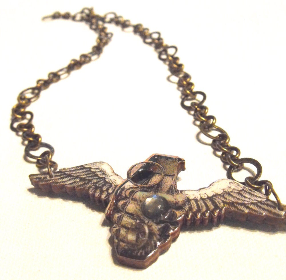 Grenade with Wings Necklace - Steampunk Fashion,Military Inspired Fashion, Flying Grenade, Women, Moss Green, Chain, Wings, Ready to Ship