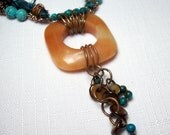 One of a Kind Wire Wrapped Silk and Bead Necklace in Caramel, Turquoise and Copper