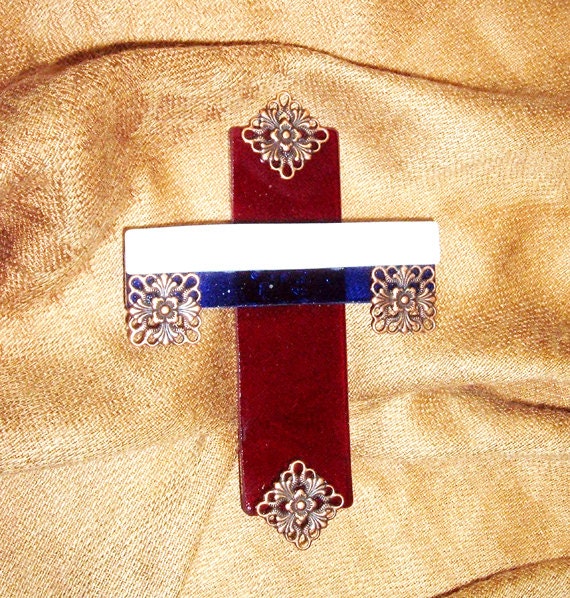 Red, white and blue stained glass cross suncatcher brockus creations 4121 for etsy
