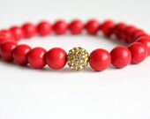 Red Stone Stretch Stacking Bracelet with Gold Pavé Crystal Bead Bohemian Jewelry