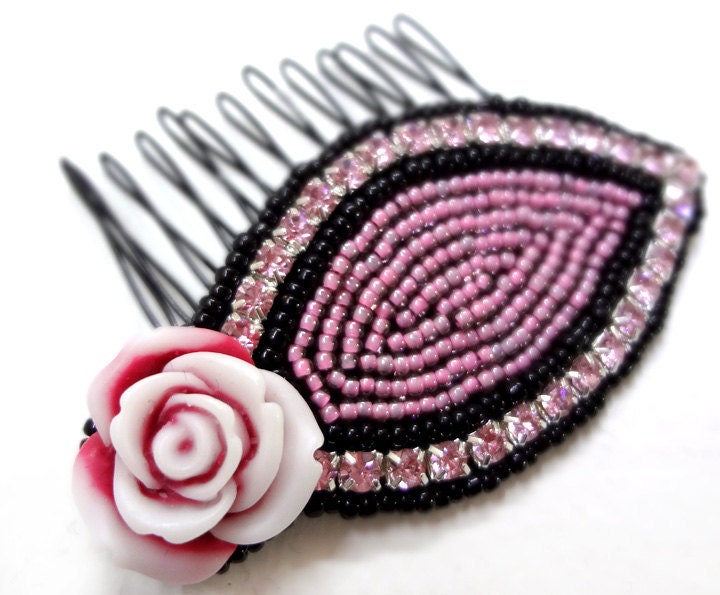 Pink Rose Rhinestone Comb - Black Beaded Hair Comb - MegansBeadedDesigns