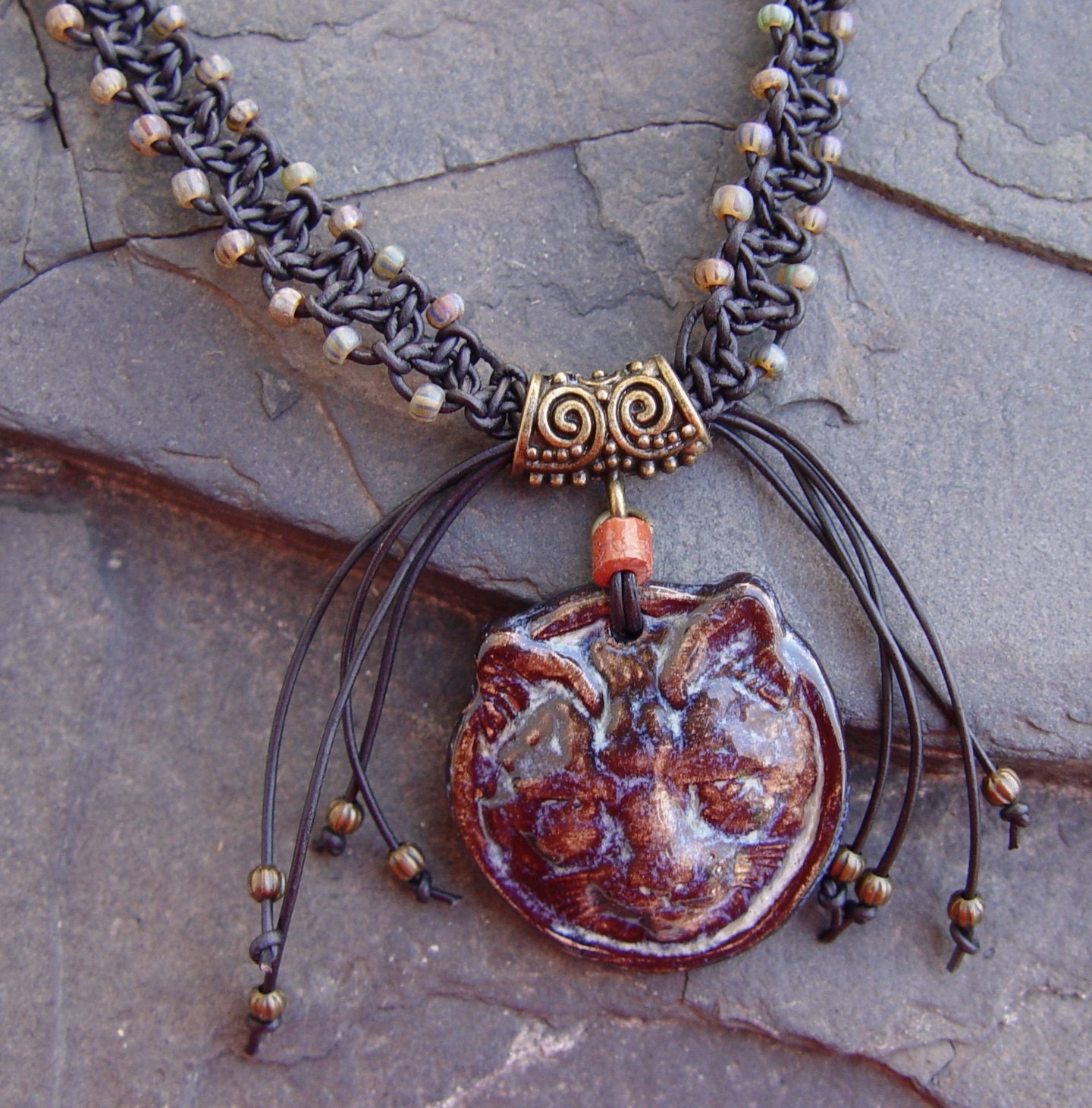 Whiskers the Black Tortoise Cat Ceramic Pendant Greek Leather Macrame Glass Brass Beads Boho Bohemian