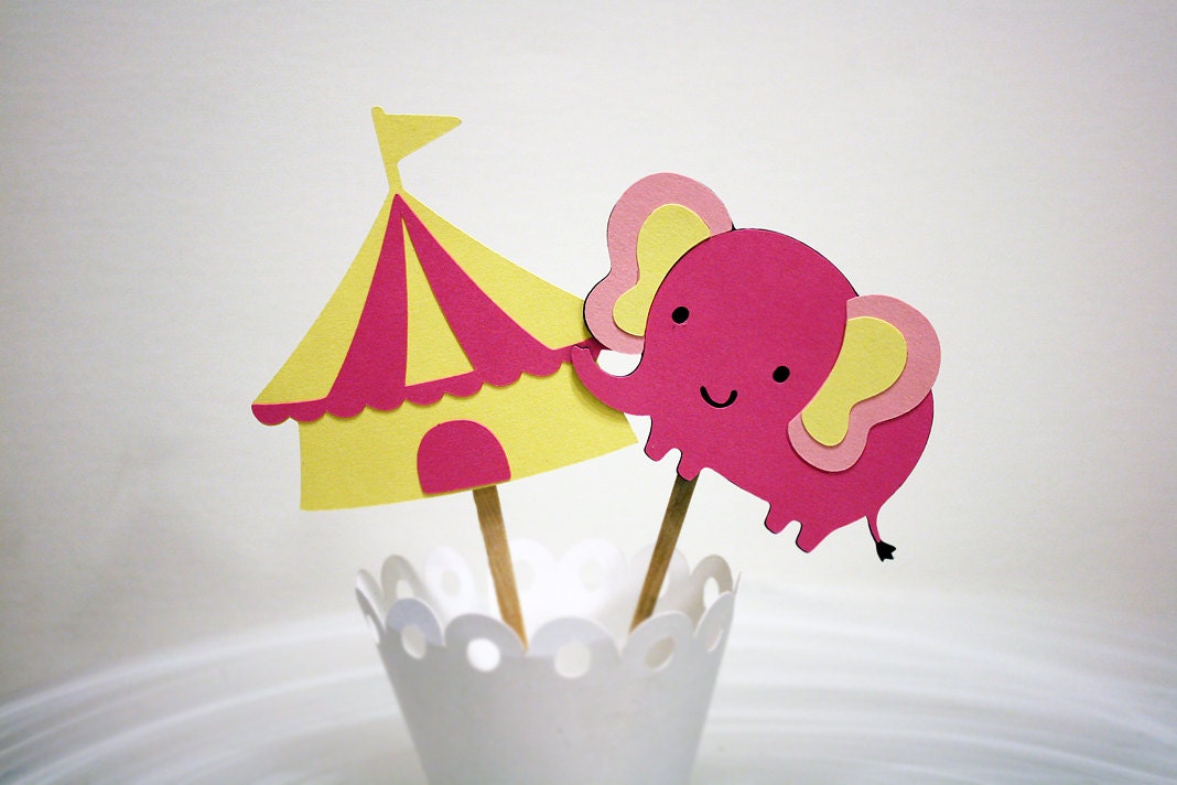 Big Top Circus Elephant & Circus Tent Cupcake Toppers / Cake Topper / Mini Cupcake Toppers / Centerpieces
