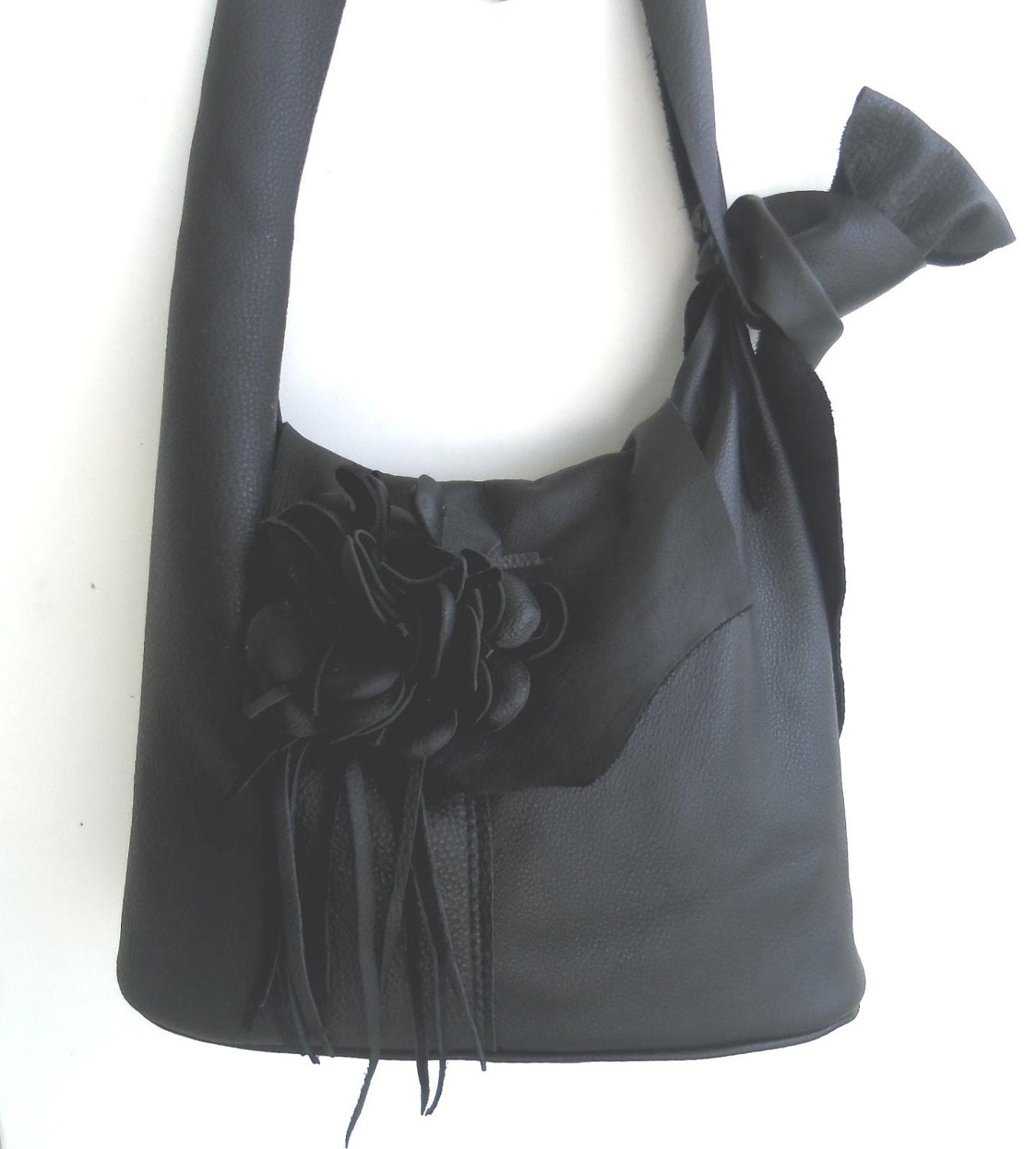 black leather handbag, messenger with detachable flower by Tuscada. Ready to ship. Marked down