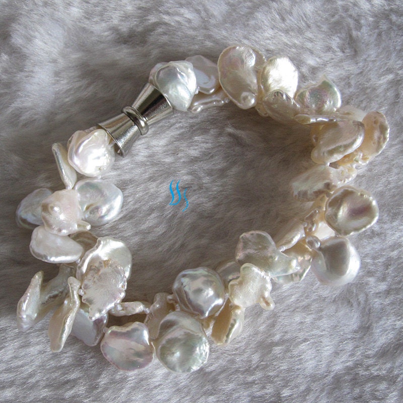 Pearl Bracelet - 8 inches 2 Row 8-16mm White Keshi Pearl Bracelet - Free shipping