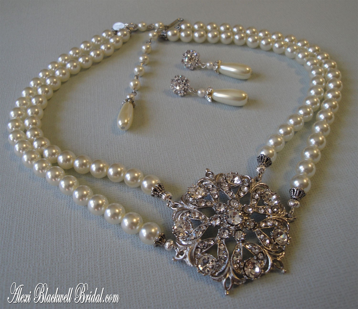 Pearl Statement Necklace in Ivory Rhinestone focal and Earrings wedding Mother of the Bride wedding jewelry multi strands choice of colors