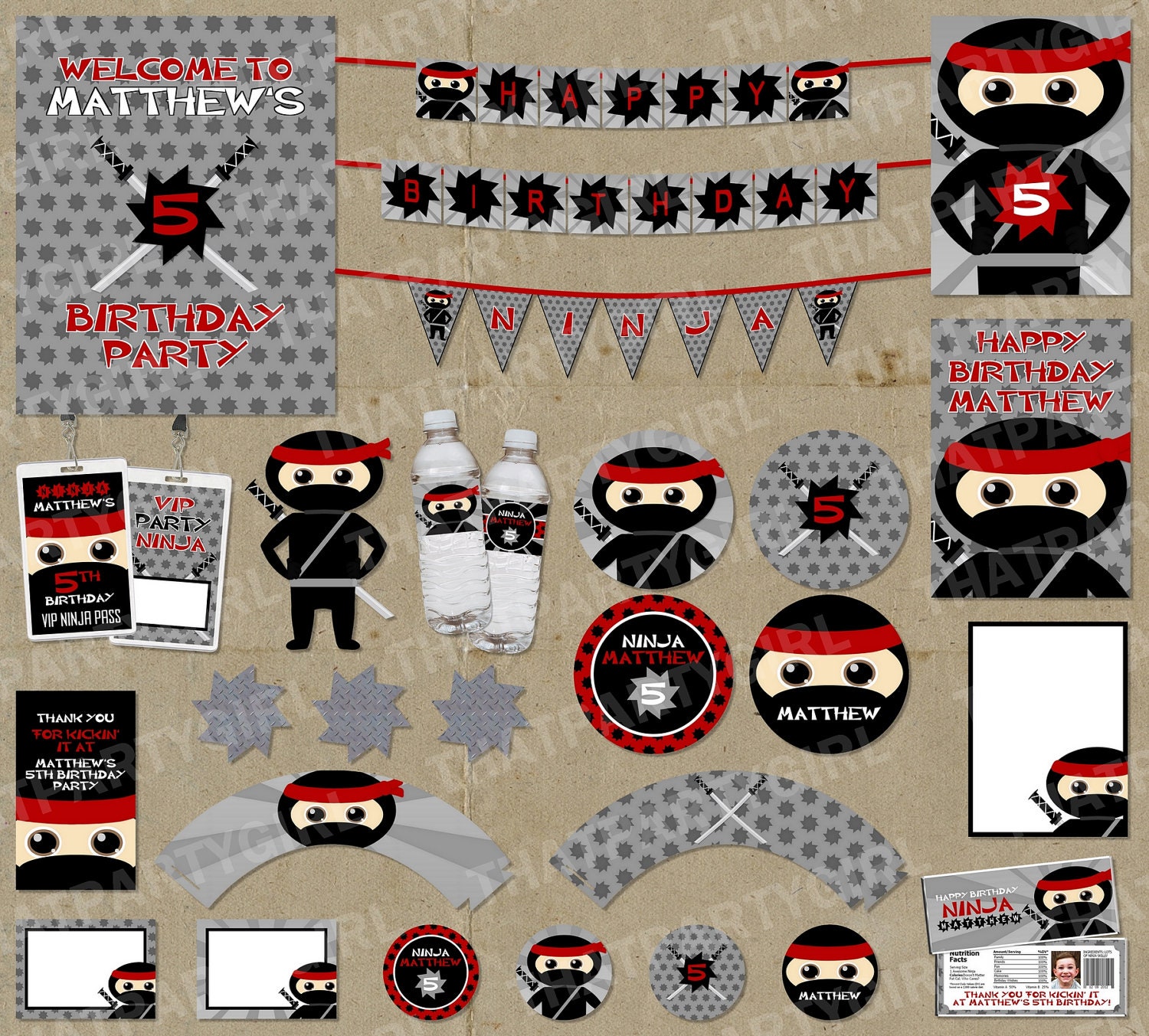 Ninja Birthday Party Package - Banners Decorations Favors - DIY Digital U Print