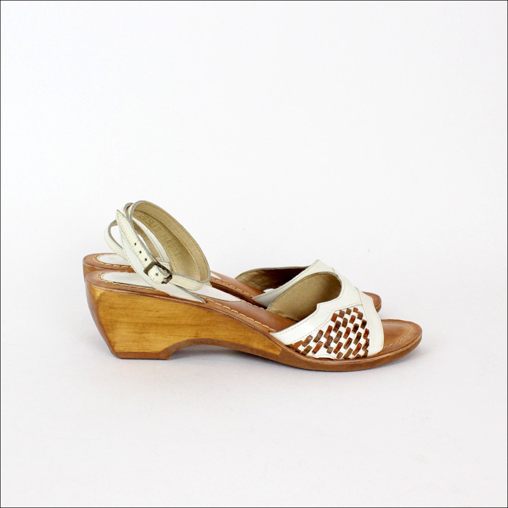 wood & leather wedges 9 / deadstock ivory woven ankle strap sandals