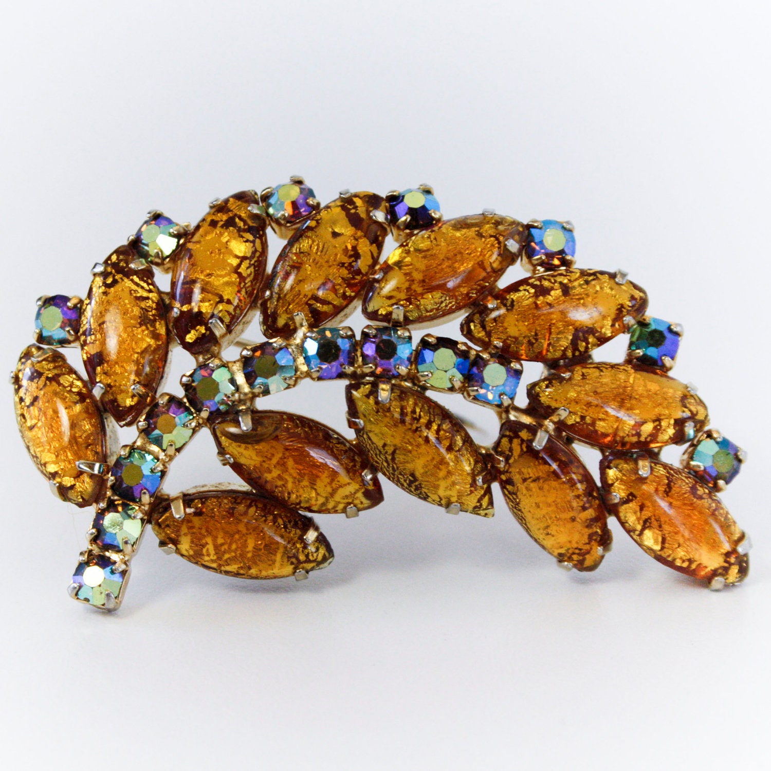 Vintage Foiled Art Glass Leaf Brooch with AB stones - DeLizza and Elster Juliana Style