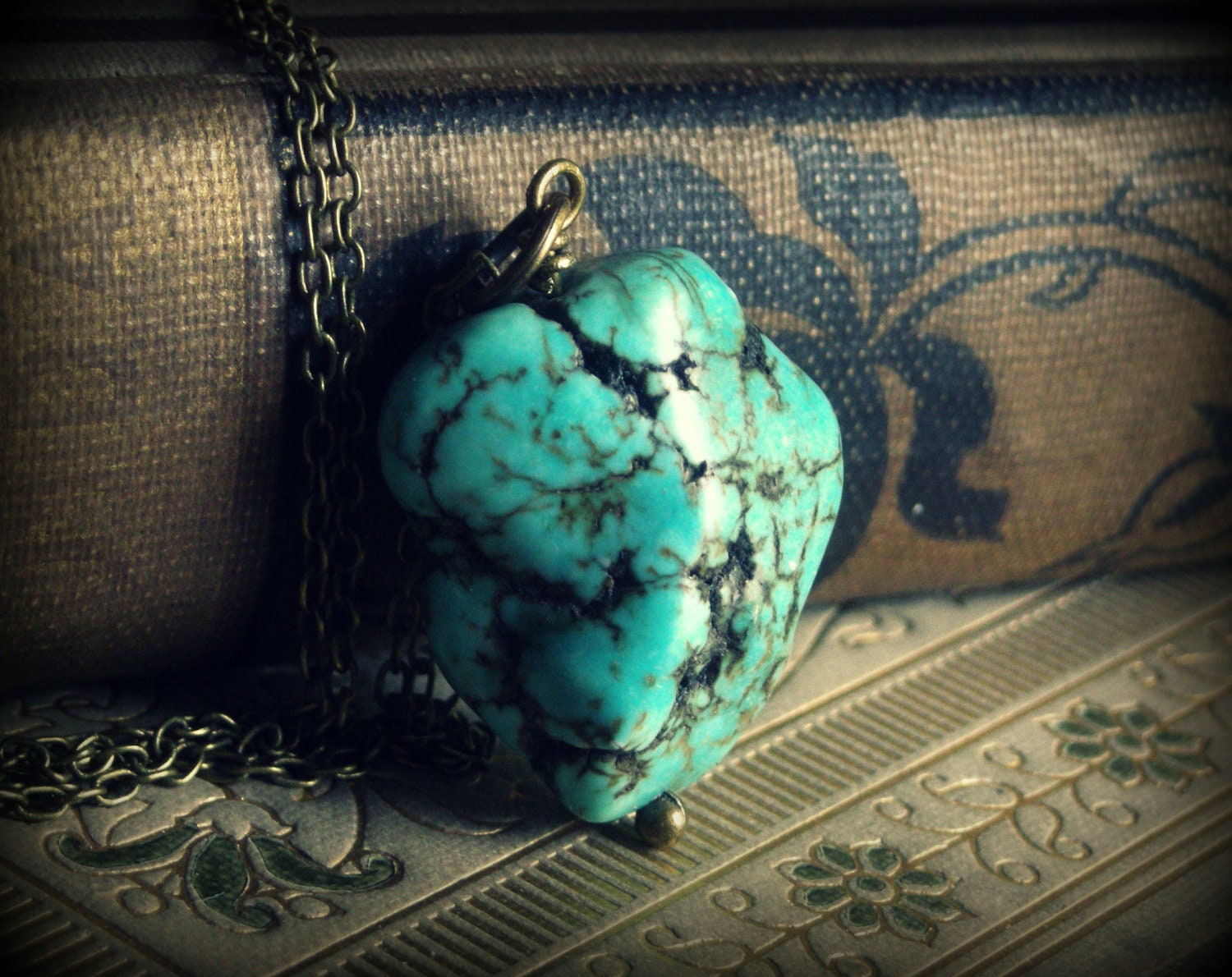 Indian Princess .... necklace natural turquoise stone oxidized brass wrapped stone semi precious stone gypsy boho chic