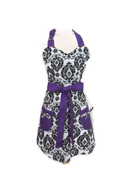 Black and White Damask Reversible Apron with Purple Ties - Cute Retro Aprons for Women