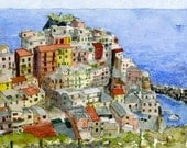 Italian watercolor painting- Cinque Terre- Manarola - 11x14 print