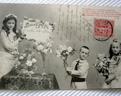 French Antique Postcard from 1905 (Undivided Back) - Children with Flowers