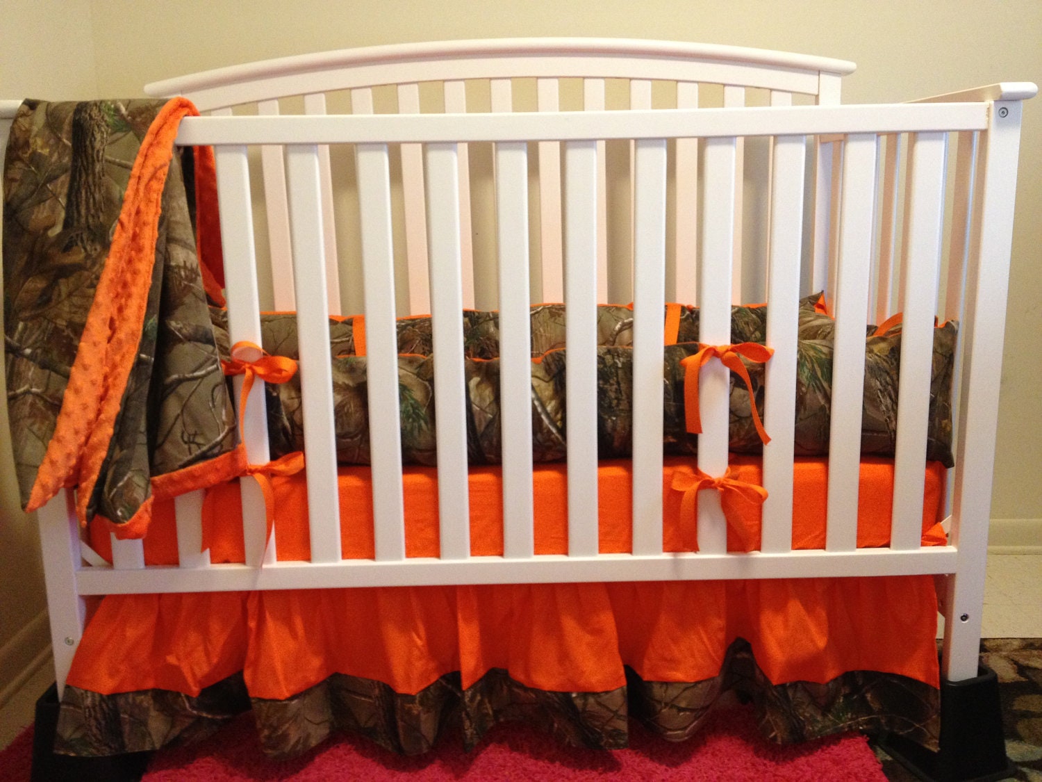 Camo 4 piece set made with Real Tree Fabric and Orange minky dot baby Crib Bedding Set with and FREE Monograms