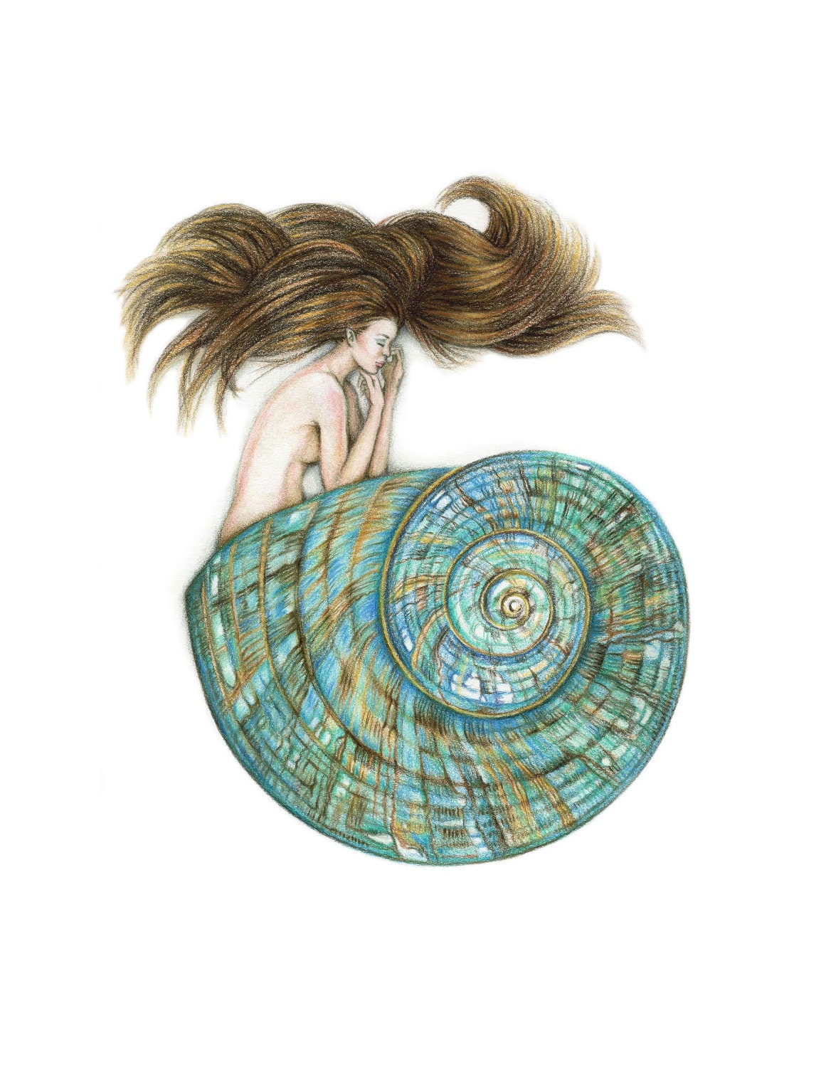 Jade Turbo Shell Mermaid Art Print 8x10 Teal Blue Beach Decor - elvesfairies