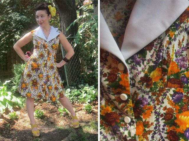 1960s Day Dress - Purple, Orange & Rust Floral Print Cotton